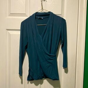 La Clef small cross front top ocean blue 3/4 sleeve shirt French European style